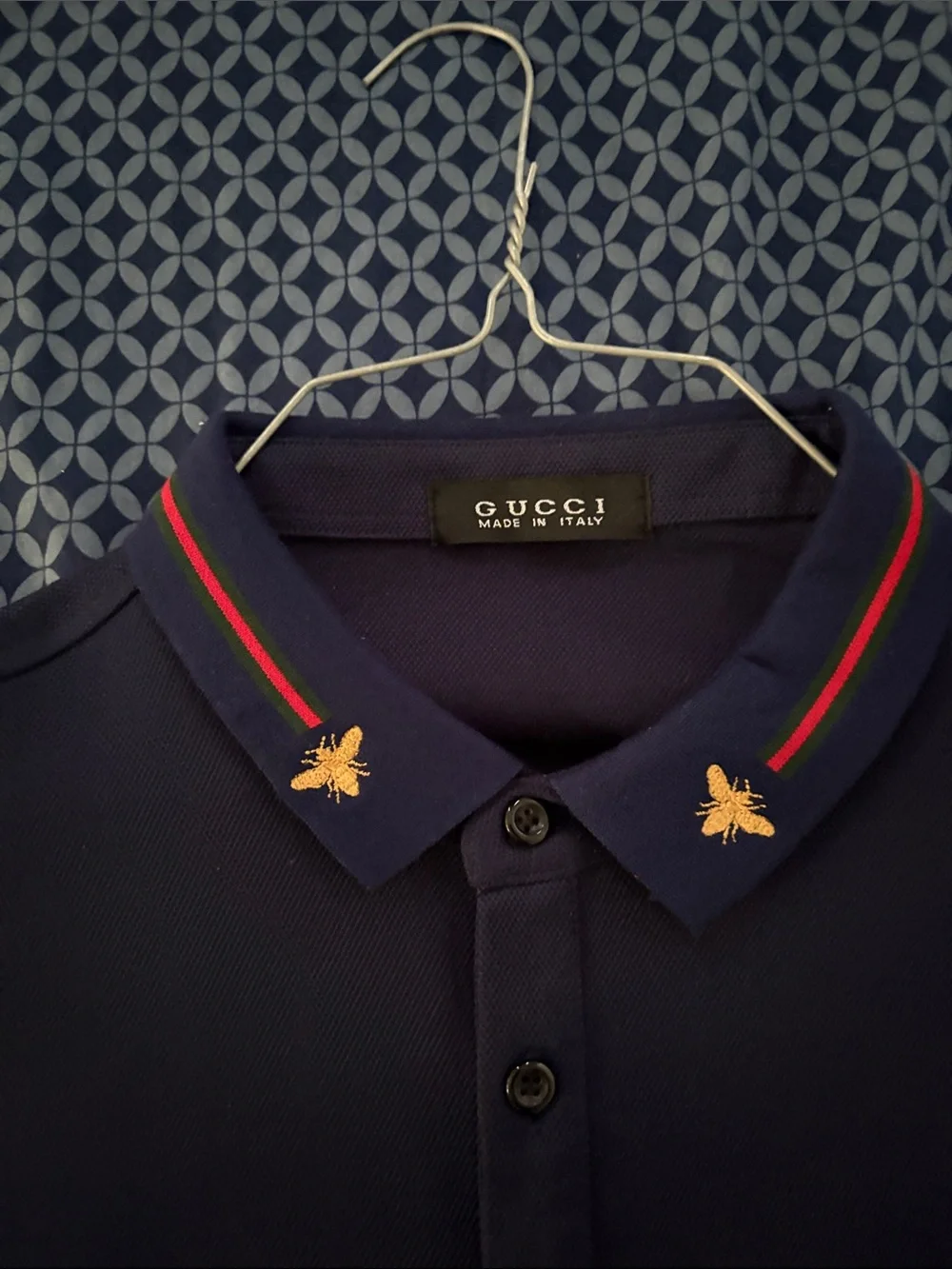 Gucci Navy Long-Sleeve Polo with Embroidered Bee and Contrast Collar